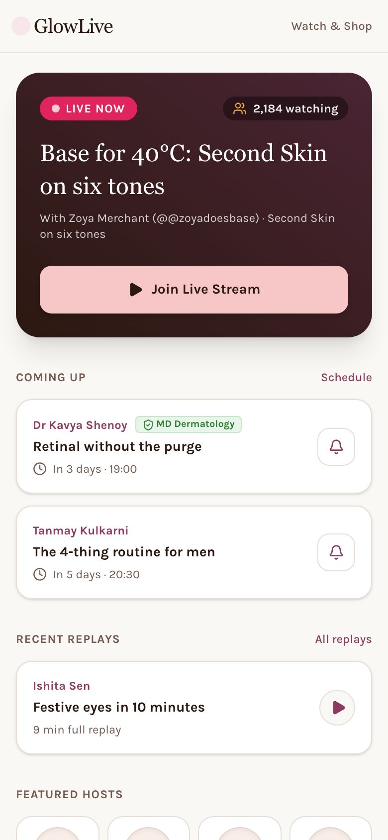 Shopper's GlowLive tab: a live stream now and upcoming sessions