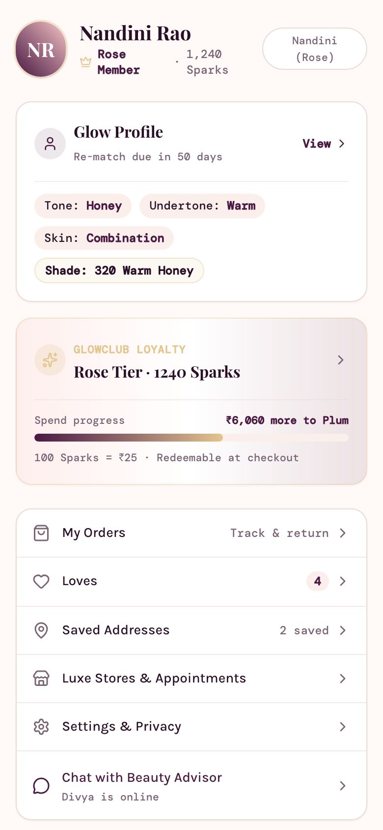 Profile screen: Glow Profile with tone Honey, undertone Warm and shade 320