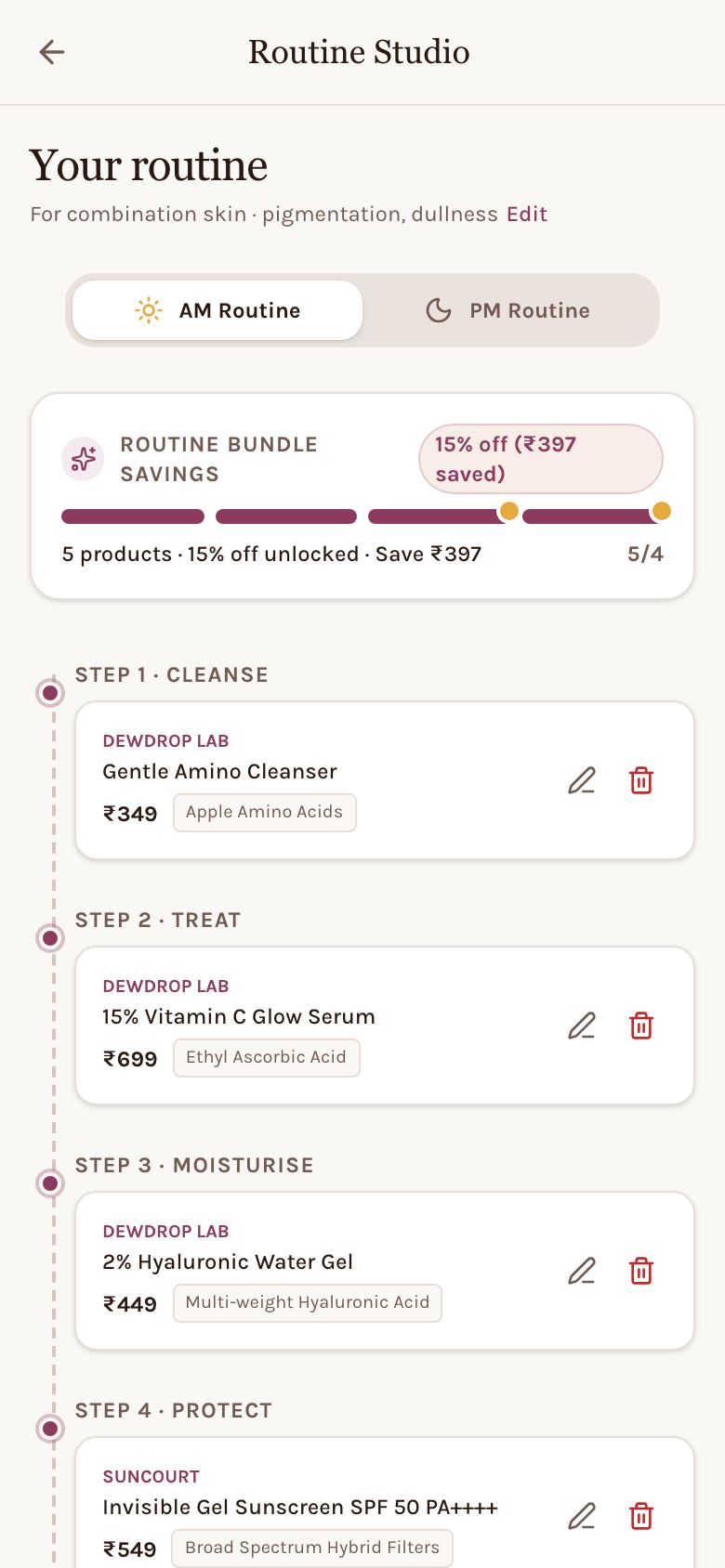 Routine Studio: AM steps from cleanse to protect with a bundle saving