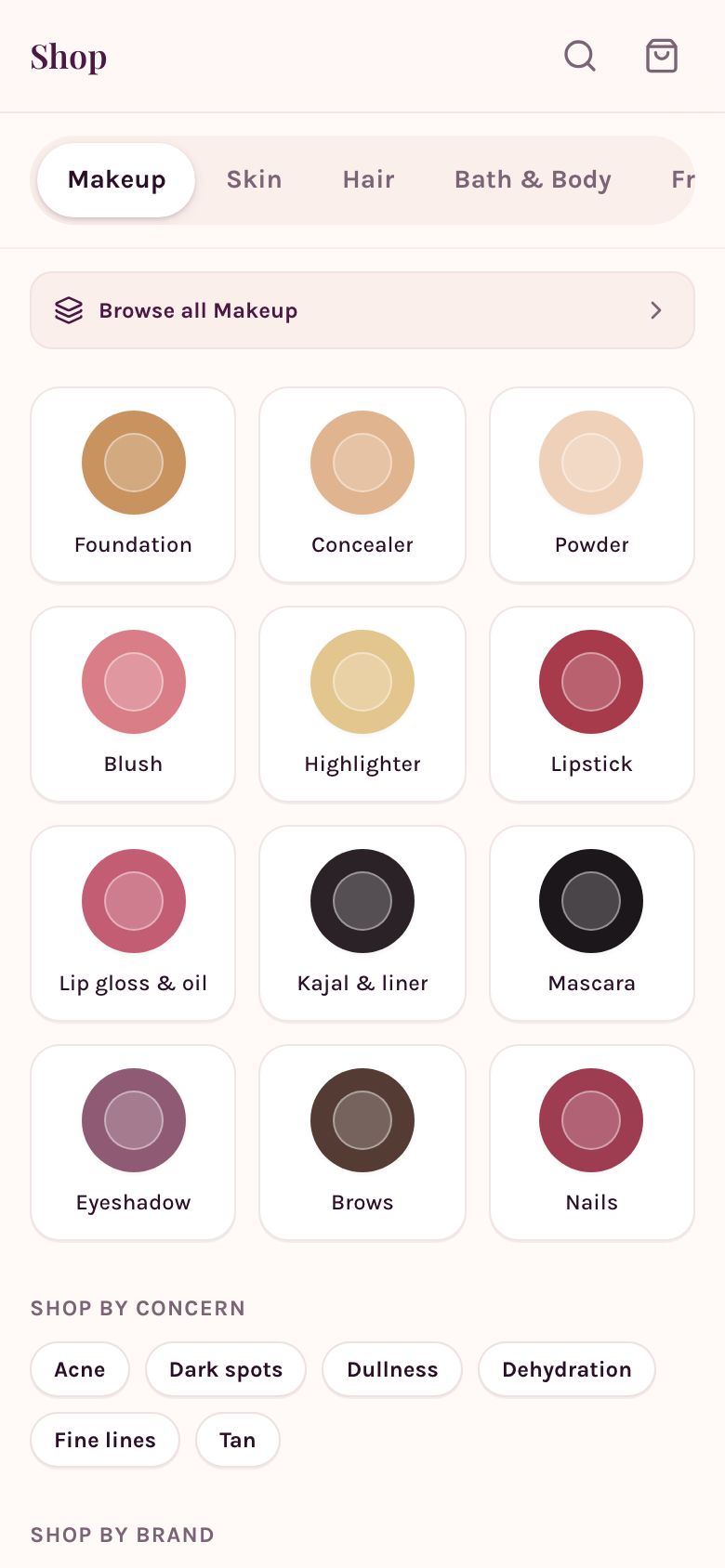 Glowcart Shop: makeup categories shown as colour swatches