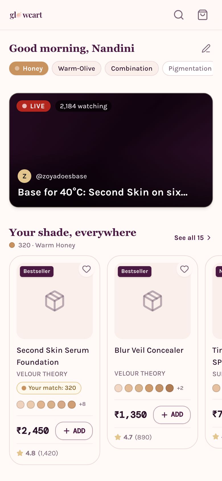 App home: tone chips, a live stream card and your shade across brands